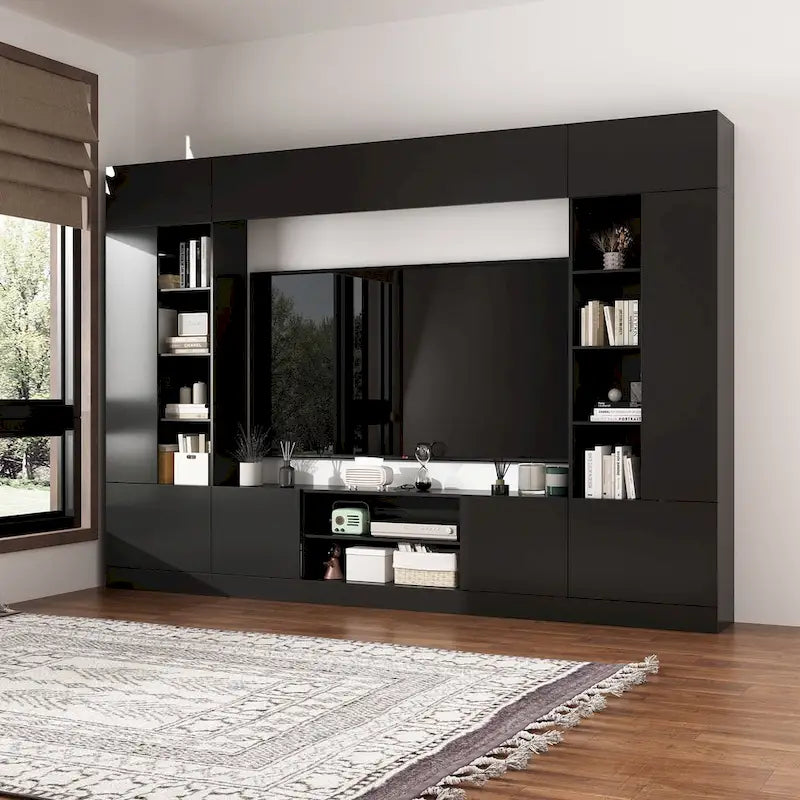 White/Black TV Stand with Bookshelves for 2-3 People