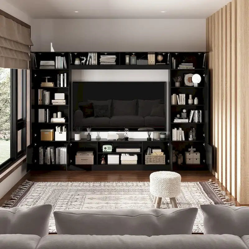 White/Black TV Stand with Bookshelves for 2-3 People