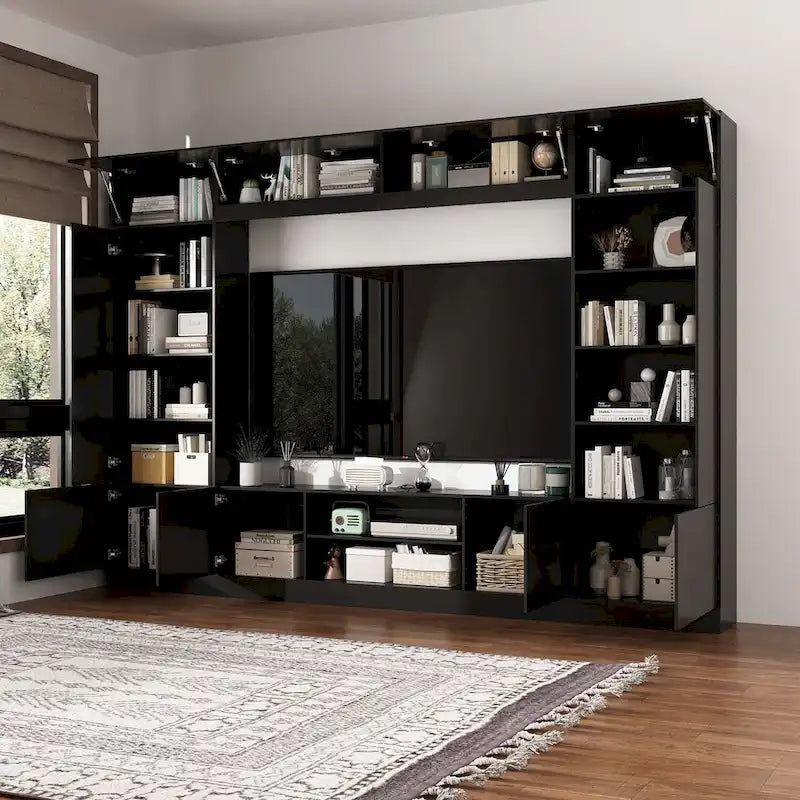 White/Black TV Stand with Bookshelves for 2-3 People