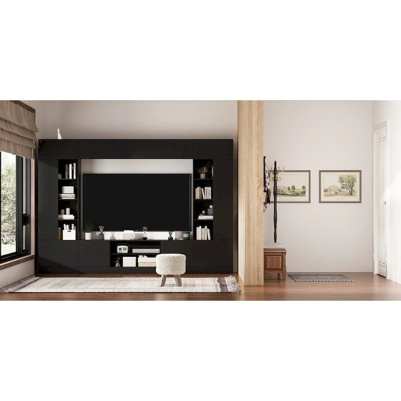 White/Black TV Stand with Bookshelves for 2-3 People