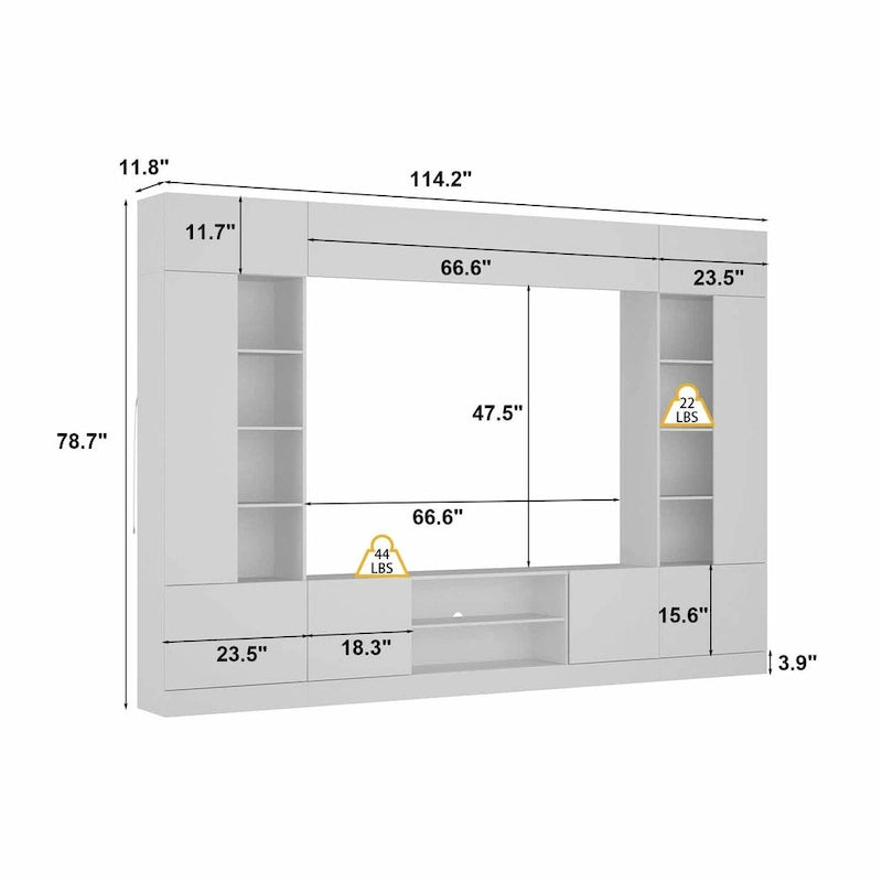 White/Black TV Stand with Bookshelves for 2-3 People