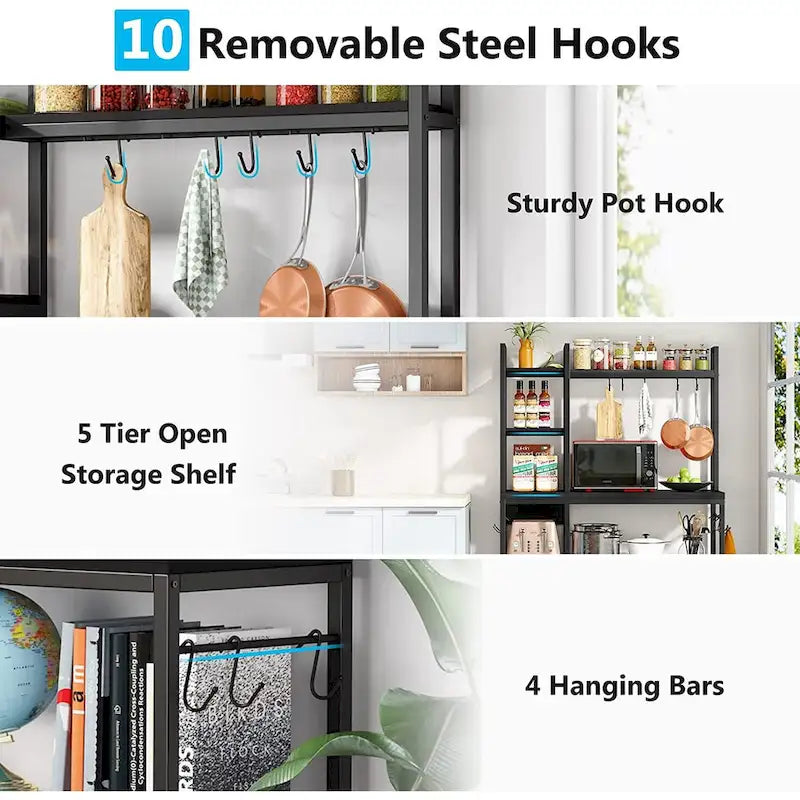 5-Tier Bakers Rack,Utility Storage Shelf with Storage Hutch for Kitchen, Microwave Oven Stand