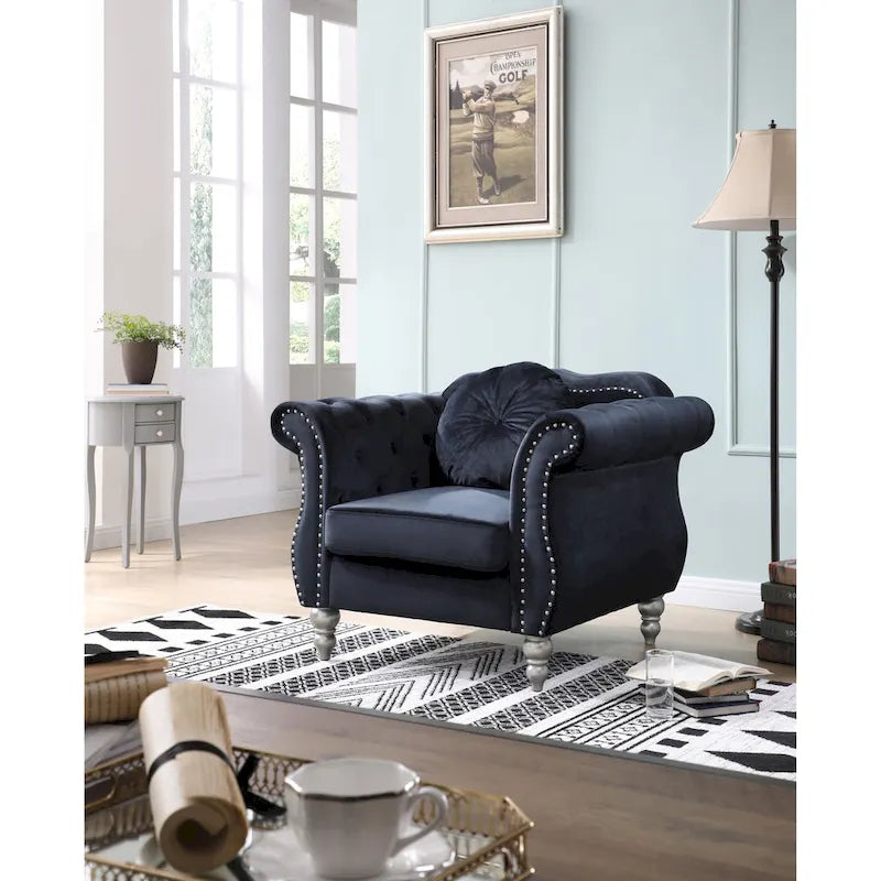 Navy Blue Velvet Accent Chair with Nailhead Trim