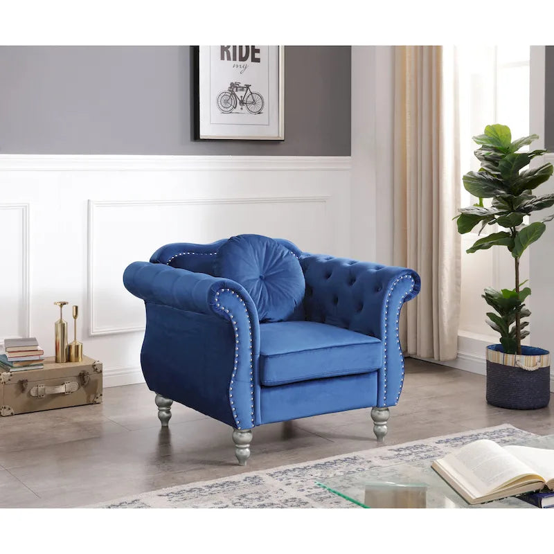 Navy Blue Velvet Accent Chair with Nailhead Trim