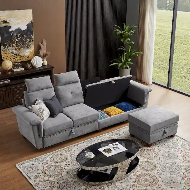 Modern 4-Seater Sectional Sofa with Hidden Coffee Table, Adjustable Headrest & Storage, Towelling Fabric