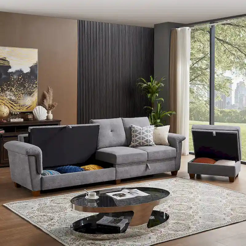 Modern 4-Seater Sectional Sofa with Hidden Coffee Table, Adjustable Headrest & Storage, Towelling Fabric