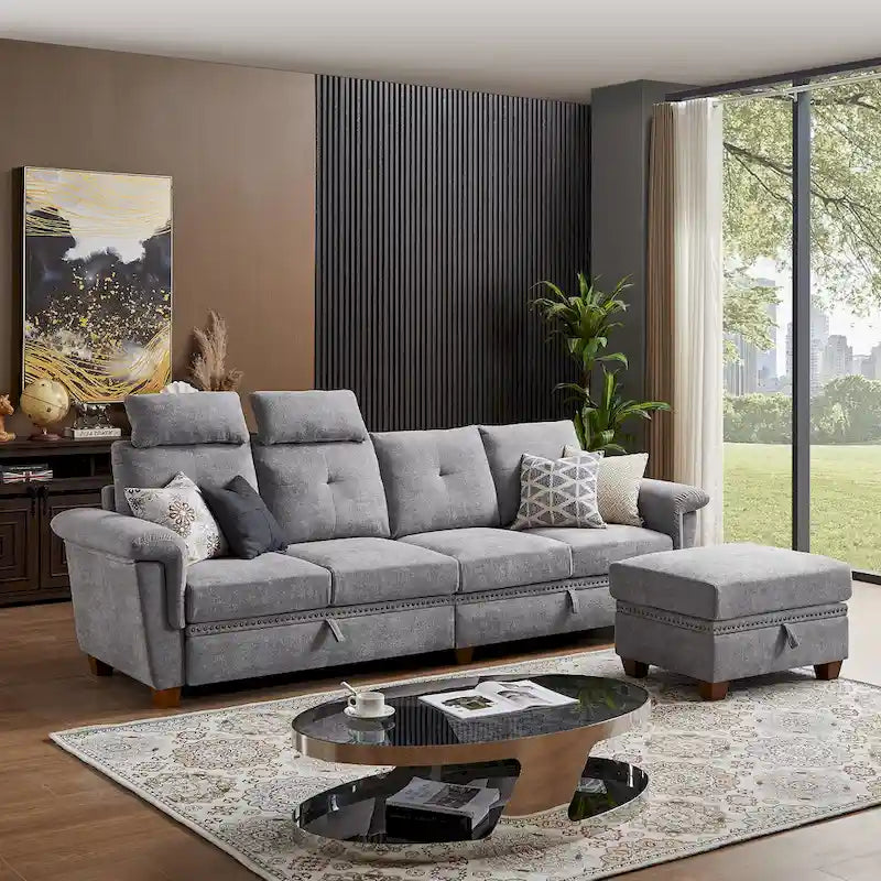Modern 4-Seater Sectional Sofa with Hidden Coffee Table, Adjustable Headrest & Storage, Towelling Fabric