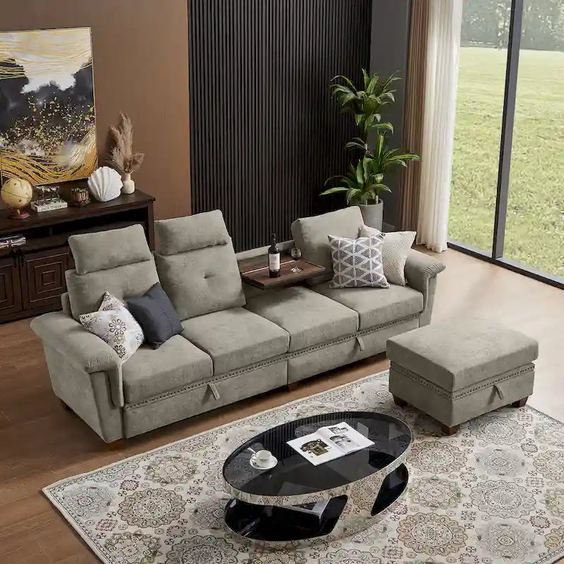 Modern 4-Seater Sectional Sofa with Hidden Coffee Table, Adjustable Headrest & Storage, Towelling Fabric