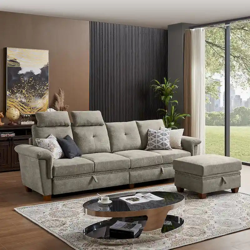 Modern 4-Seater Sectional Sofa with Hidden Coffee Table, Adjustable Headrest & Storage, Towelling Fabric