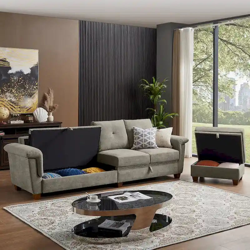 Modern 4-Seater Sectional Sofa with Hidden Coffee Table, Adjustable Headrest & Storage, Towelling Fabric