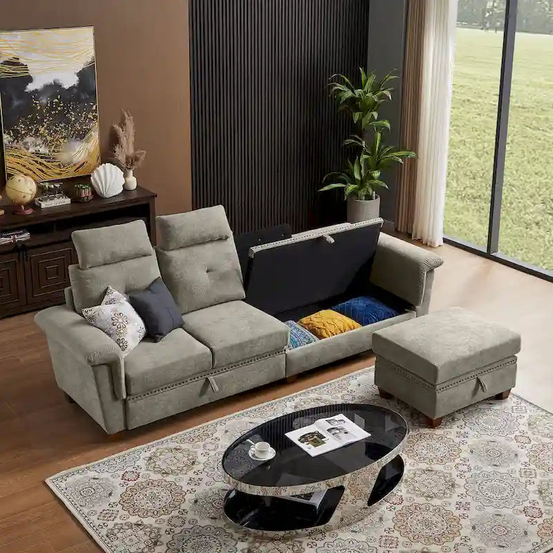 Modern 4-Seater Sectional Sofa with Hidden Coffee Table, Adjustable Headrest & Storage, Towelling Fabric
