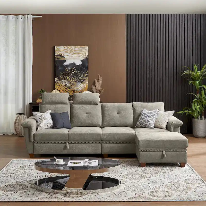 Modern 4-Seater Sectional Sofa with Hidden Coffee Table, Adjustable Headrest & Storage, Towelling Fabric