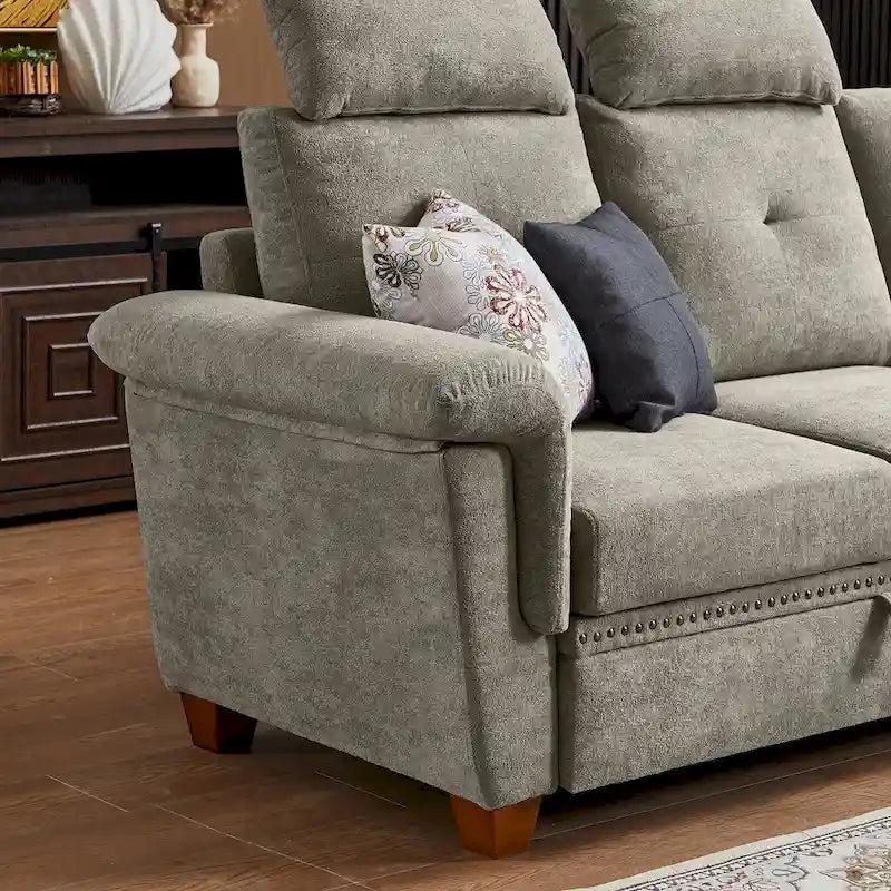 Modern 4-Seater Sectional Sofa with Hidden Coffee Table, Adjustable Headrest & Storage, Towelling Fabric