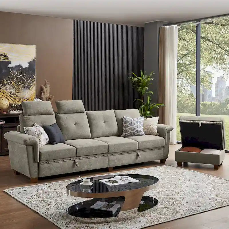 Modern 4-Seater Sectional Sofa with Hidden Coffee Table, Adjustable Headrest & Storage, Towelling Fabric