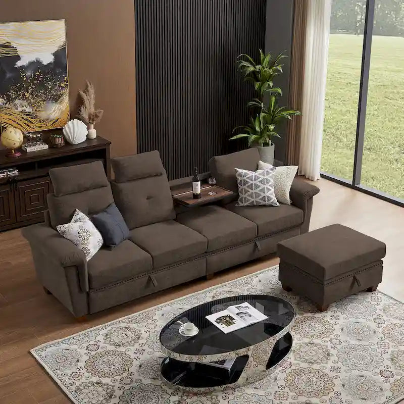 Modern 4-Seater Sectional Sofa with Hidden Coffee Table, Adjustable Headrest & Storage, Towelling Fabric
