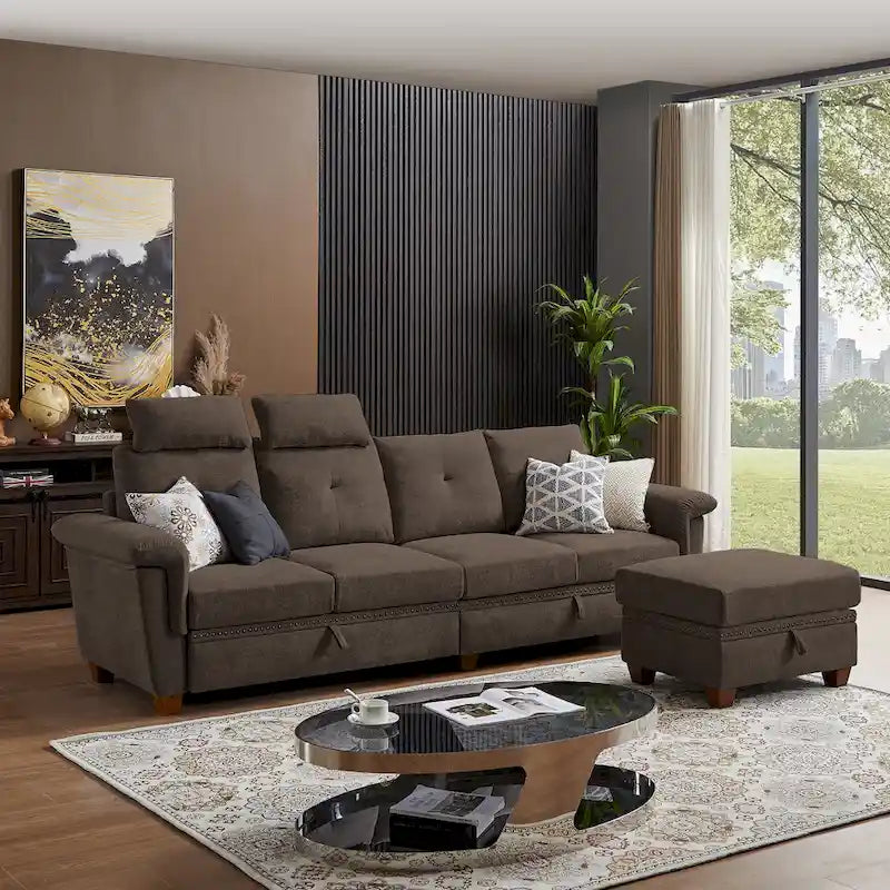Modern 4-Seater Sectional Sofa with Hidden Coffee Table, Adjustable Headrest & Storage, Towelling Fabric