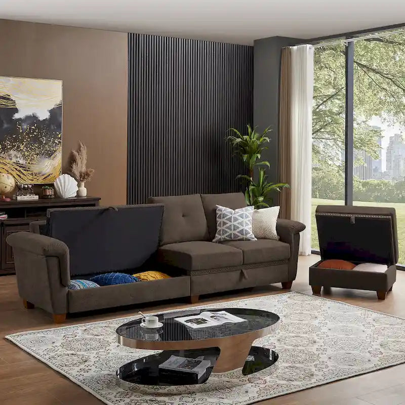 Modern 4-Seater Sectional Sofa with Hidden Coffee Table, Adjustable Headrest & Storage, Towelling Fabric
