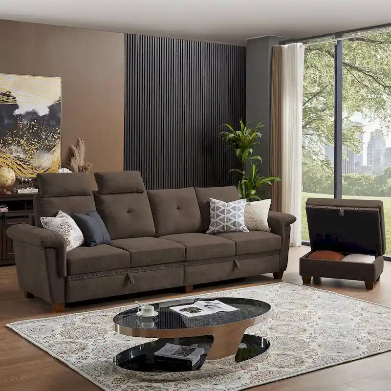 Modern 4-Seater Sectional Sofa with Hidden Coffee Table, Adjustable Headrest & Storage, Towelling Fabric