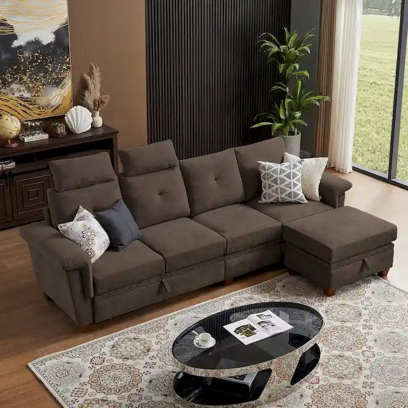 Modern 4-Seater Sectional Sofa with Hidden Coffee Table, Adjustable Headrest & Storage, Towelling Fabric