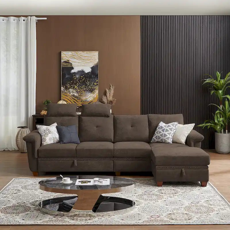 Modern 4-Seater Sectional Sofa with Hidden Coffee Table, Adjustable Headrest & Storage, Towelling Fabric