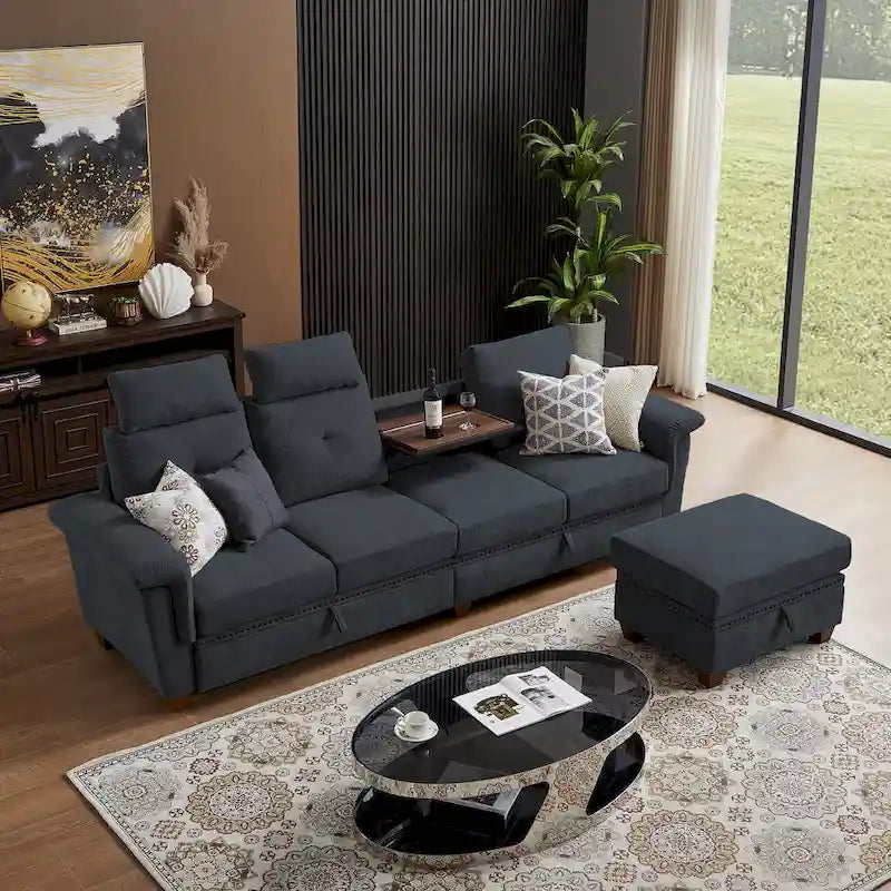 Modern 4-Seater Sectional Sofa with Hidden Coffee Table, Adjustable Headrest & Storage, Towelling Fabric