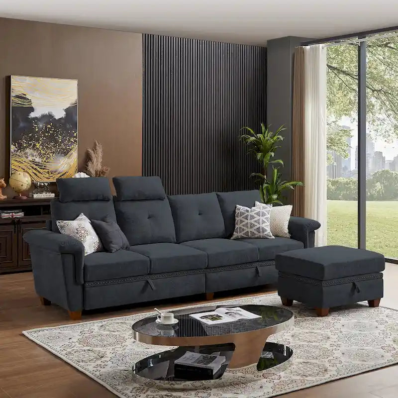 Modern 4-Seater Sectional Sofa with Hidden Coffee Table, Adjustable Headrest & Storage, Towelling Fabric