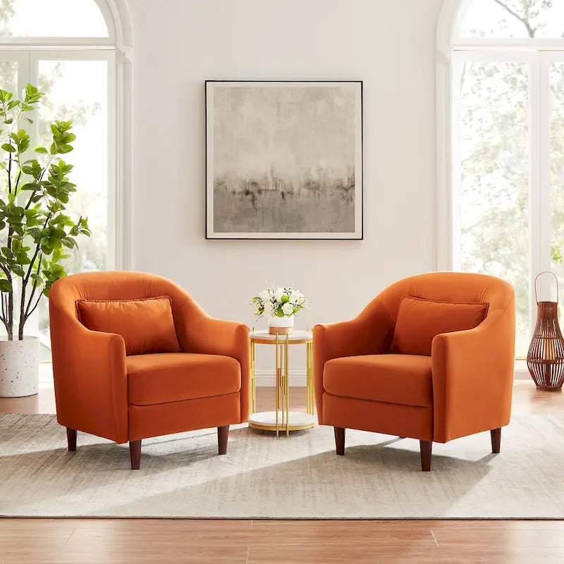 VANOMi 28.34 W Set Of 2 Accent Armchair, Velvet Barrel Chair with Solid Wood Legs