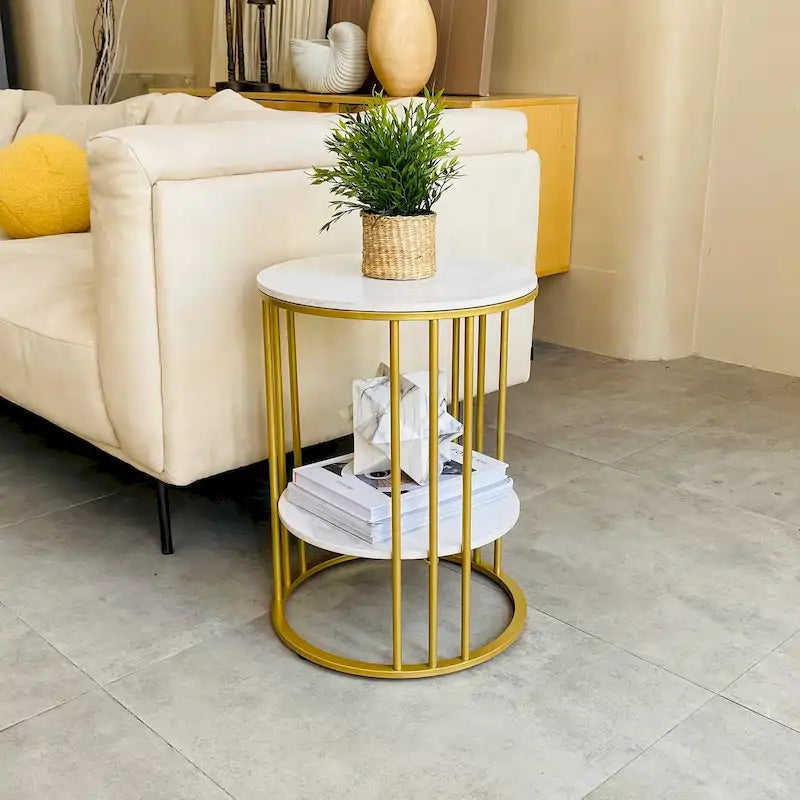 Round Sintered Stone Side Table - Gold Frame - 2 Tier