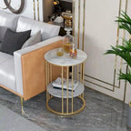 Round Sintered Stone Side Table - Gold Frame - 2 Tier