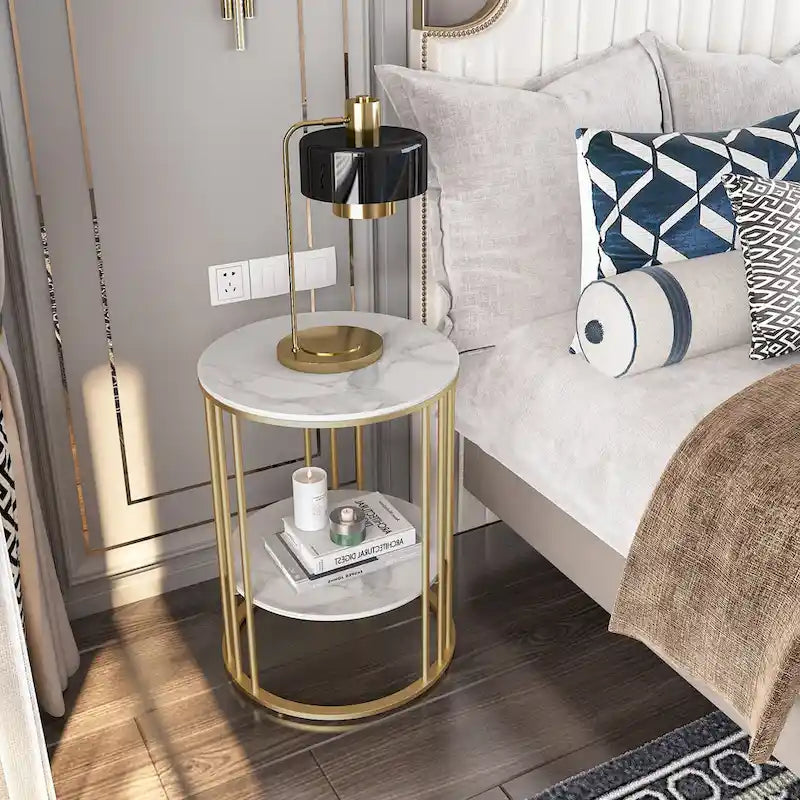 Round Sintered Stone Side Table - Gold Frame - 2 Tier