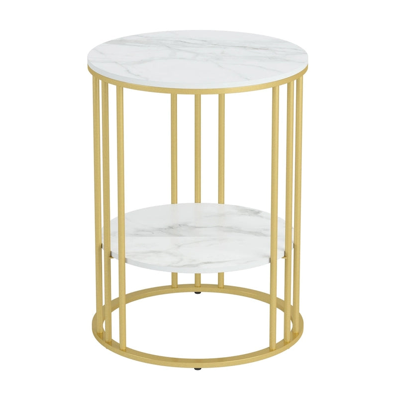 Round Sintered Stone Side Table - Gold Frame - 2 Tier