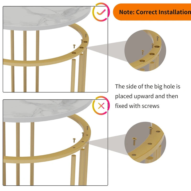 Round Sintered Stone Side Table - Gold Frame - 2 Tier