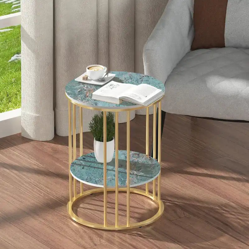 Round Sintered Stone Side Table - Gold Frame - 2 Tier