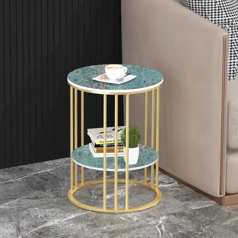 Round Sintered Stone Side Table - Gold Frame - 2 Tier