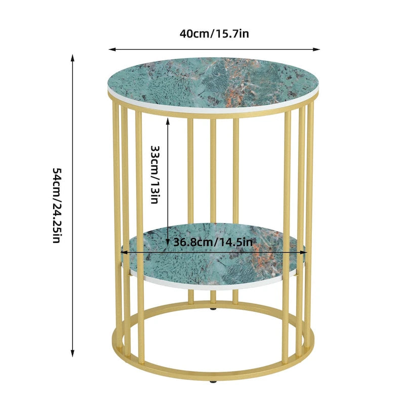 Round Sintered Stone Side Table - Gold Frame - 2 Tier