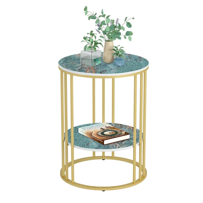Round Sintered Stone Side Table - Gold Frame - 2 Tier
