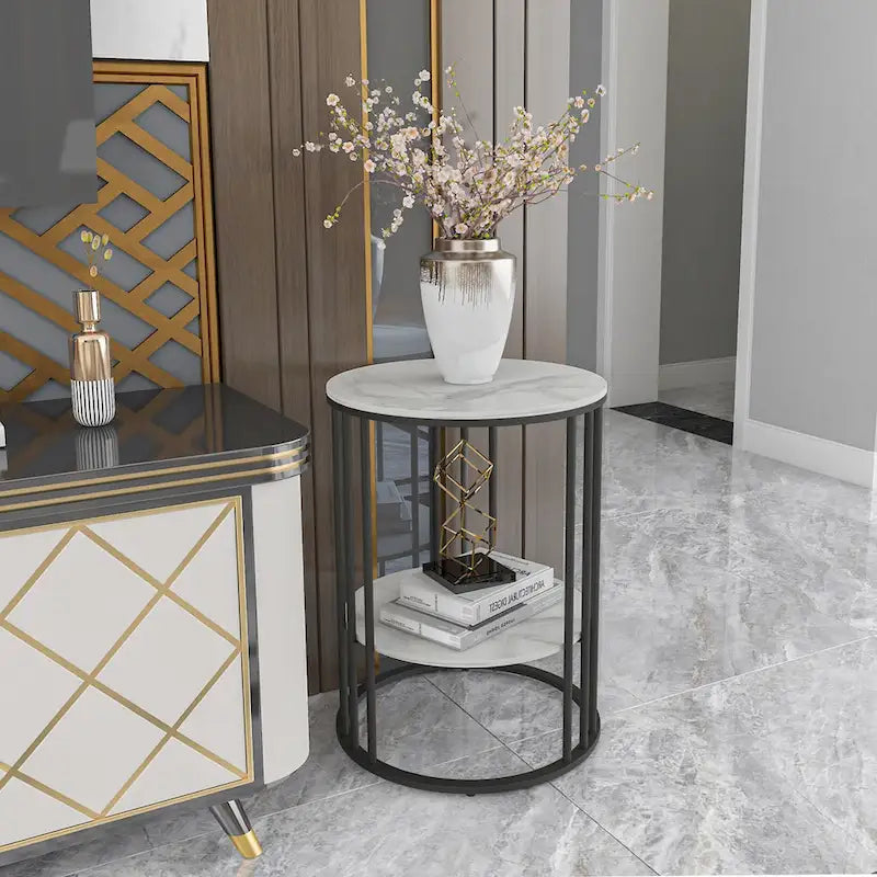 Round Sintered Stone Side Table - Gold Frame - 2 Tier