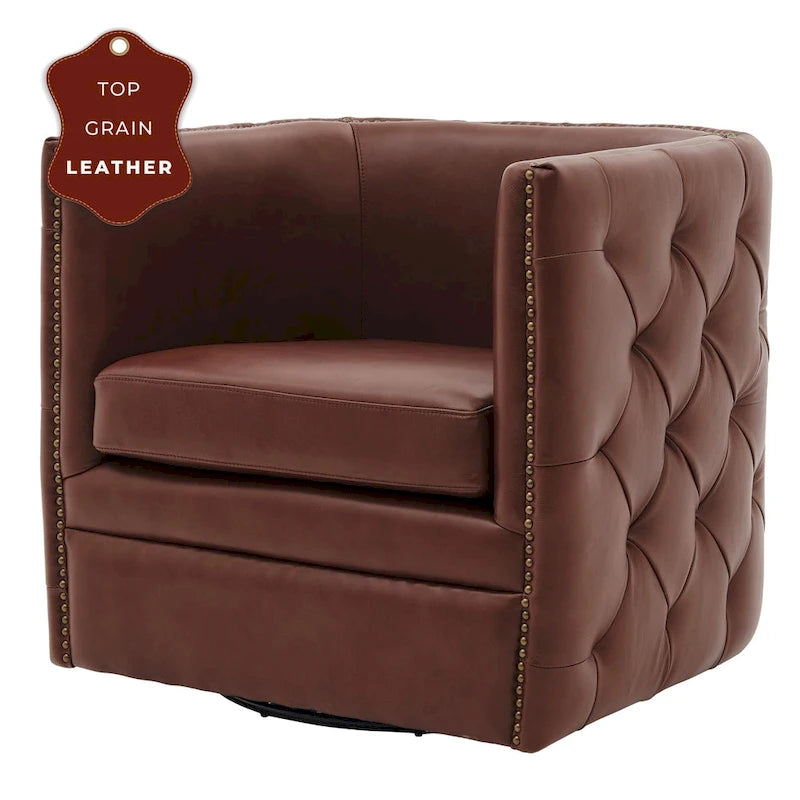 Poltrona girevole Leslie in pelle pieno fiore con trapuntatura capitonné