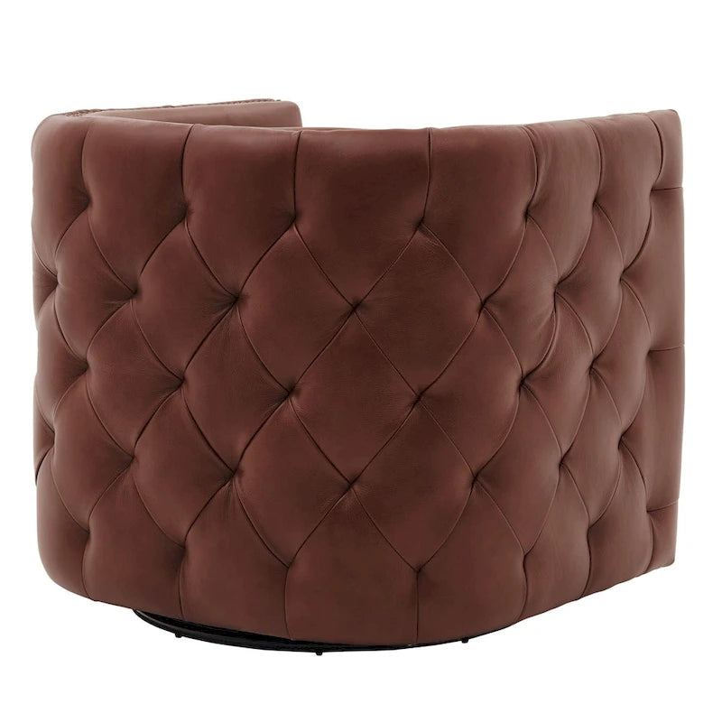 Poltrona girevole Leslie in pelle pieno fiore con trapuntatura capitonné