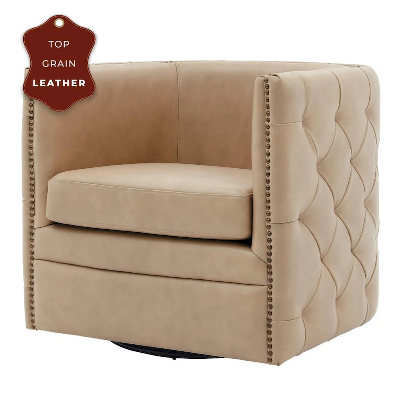 Poltrona girevole Leslie in pelle pieno fiore con trapuntatura capitonné