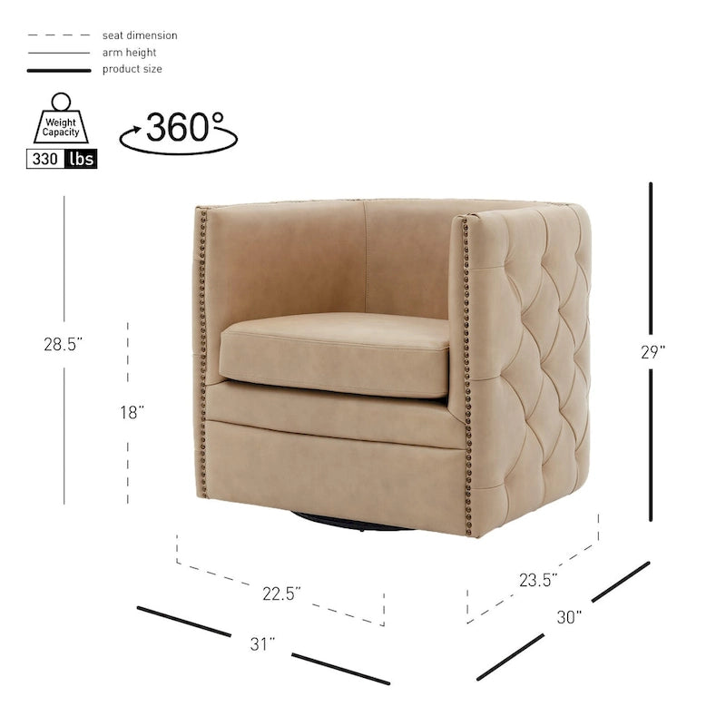 Poltrona girevole Leslie in pelle pieno fiore con trapuntatura capitonné