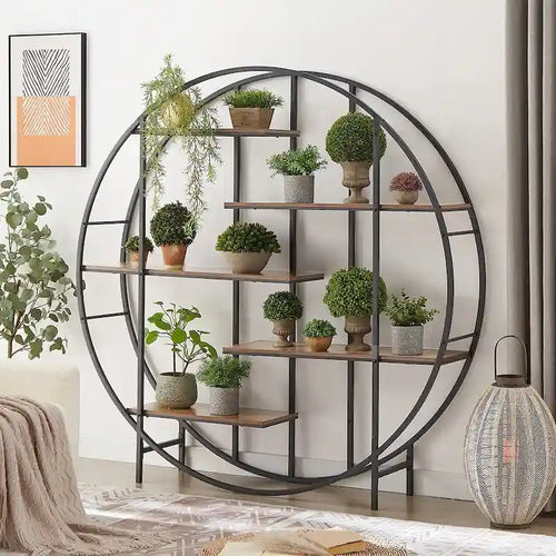 5-Tier Vintage Round Bookshelf Display Stand with Black Metal Frame