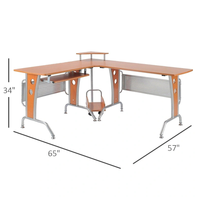 HOMCOM L-Shaped Corner Computer Office Desk Workstation with Elevated Shelf, Rolling Keyboard Tray, & Convenient CPU Stand