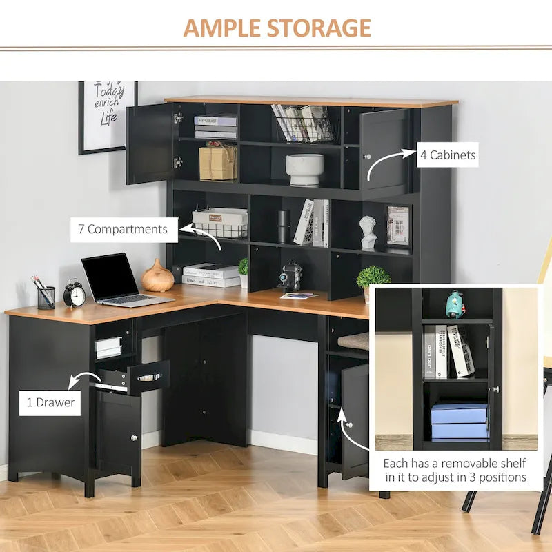 HOMCOM Scrivania angolare a L per computer con scaffali, Scrivania da ufficio per lo studio e il lavoro