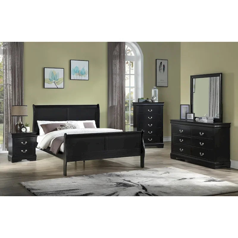 Set Camera da Letto Lillie 6 Pezzi in Legno Nero Modello Sleigh