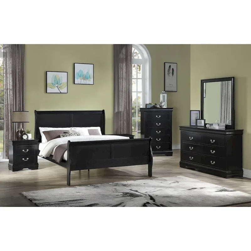 Set Camera da Letto Lillie 6 Pezzi in Legno Nero Modello Sleigh