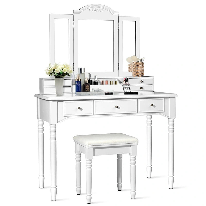 Set Tavolo da Trucco con Specchio a Tre Ante e Sgabello