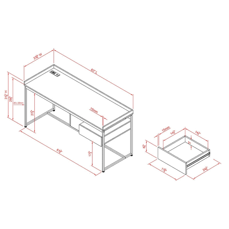 Scrivania per Computer in Acciaio Jaxon Industrial da 63 pollici con Porte USB di Furniture of America