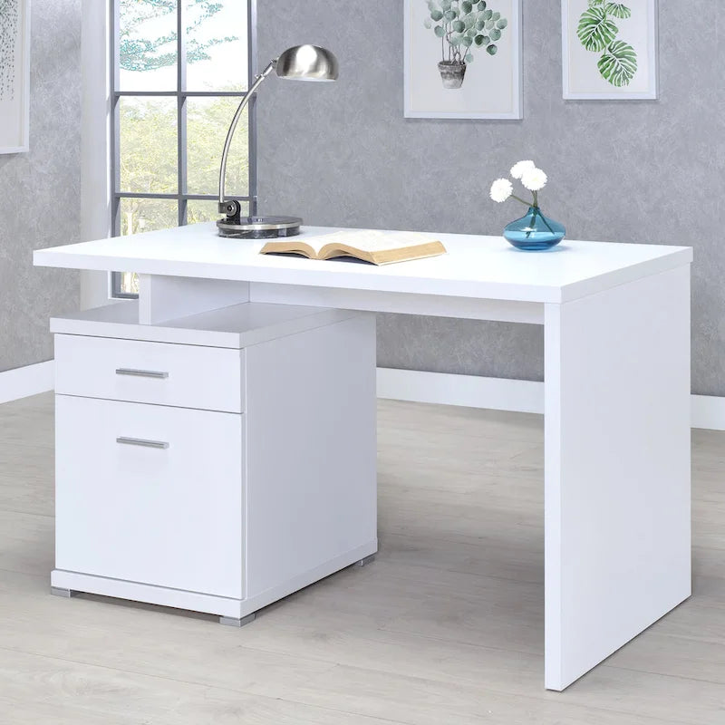 White Computer Desk with File Cabinet - Reversible Setup