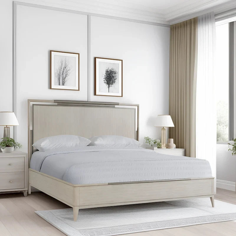 Roundhill Furniture Mantalia Solid Wood Panel Bed with Metal Frame, Champagne